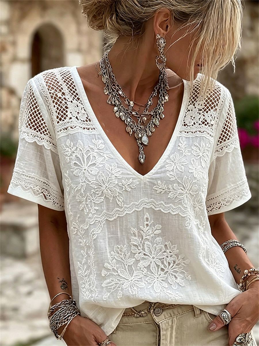 Women's Classy Boho Floral Lace Art Print linen Short-sleeved T-shirt