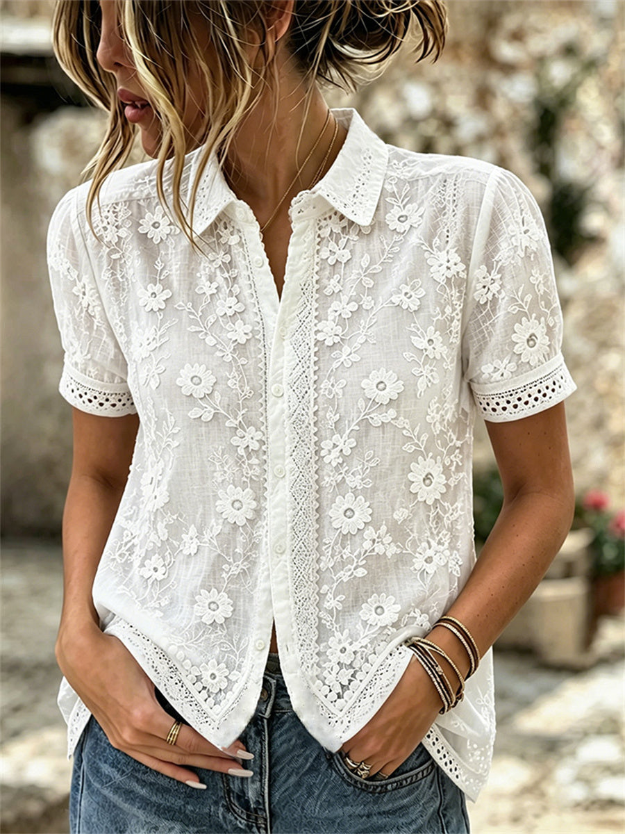 Women's Classy Boho Floral Lace Art Print linen Short-sleeved Shirt