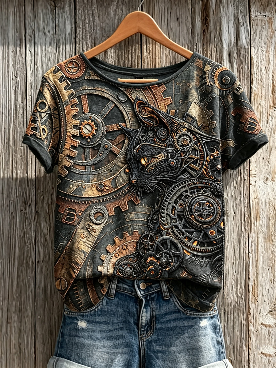 Women's Vintage Steampunk Cat Art Print short-sleeved T-shirt