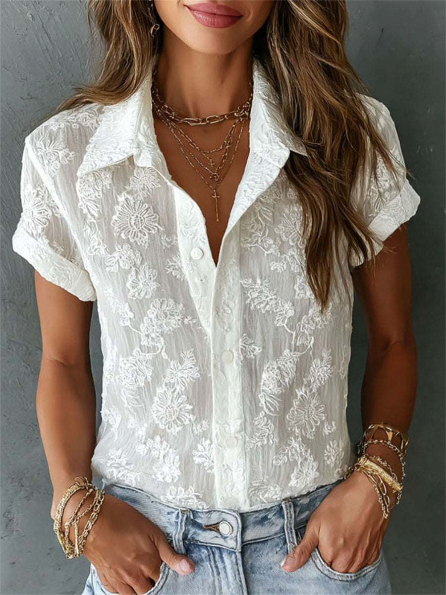 Women's Classy Boho Floral Lace Art Print linen Short-sleeved Shirt