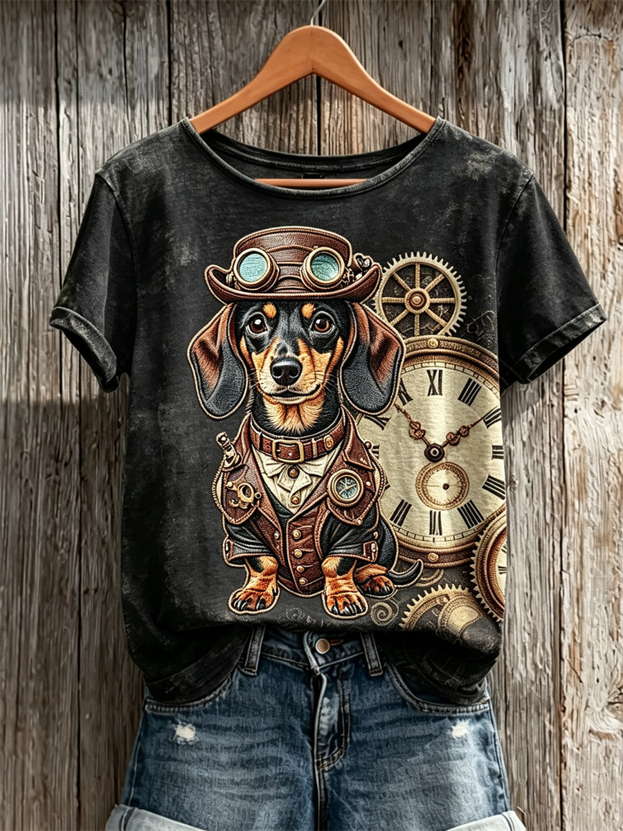 Women's Vintage Steampunk Dachshund Dog Art Print short-sleeved T-shirt