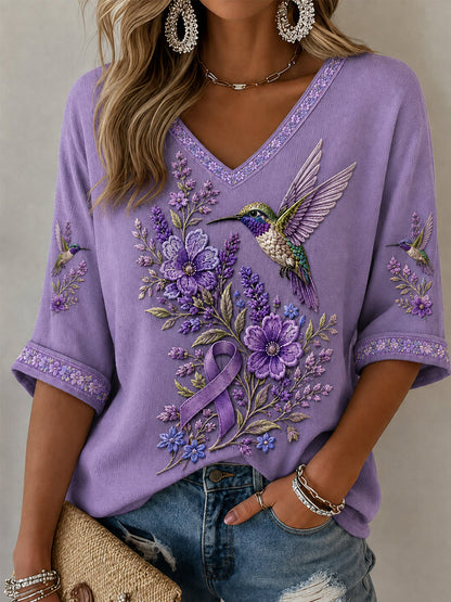 Women's Purple Floral & Hummingbird Print Alzheimer's Awareness Support Half-Sleeves V-Neck T-Shirt