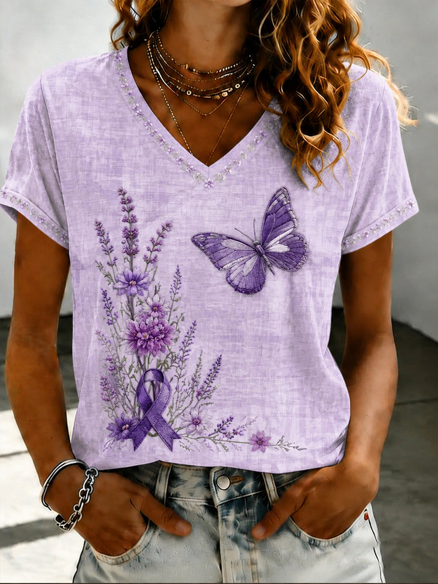 Women's Purple Flora Art Printed V-neck T-shirt