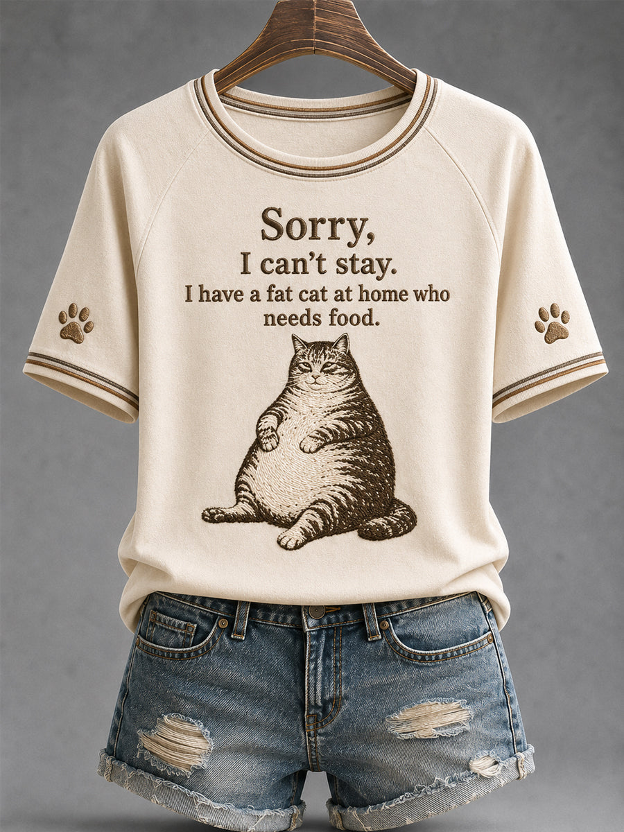 Women's Funny Cute Fat Cute Cat Print Gift For Cat Lovers Casual Tee