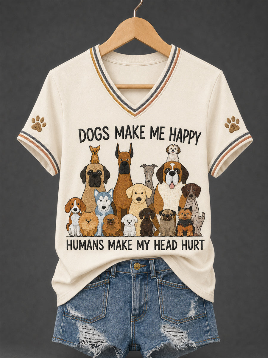 Women's Funny Dogs Make Me Happy Humans Make My Head Hurt Print Dog Lovers Gift Casual Tee