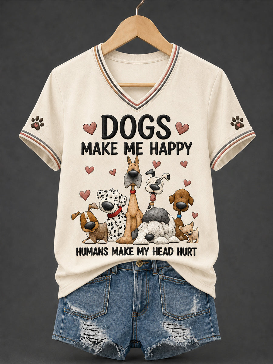 Women's Funny Dogs Make Me Happy Humans Make My Head Hurt Print Dog Lovers Gift Casual Tee