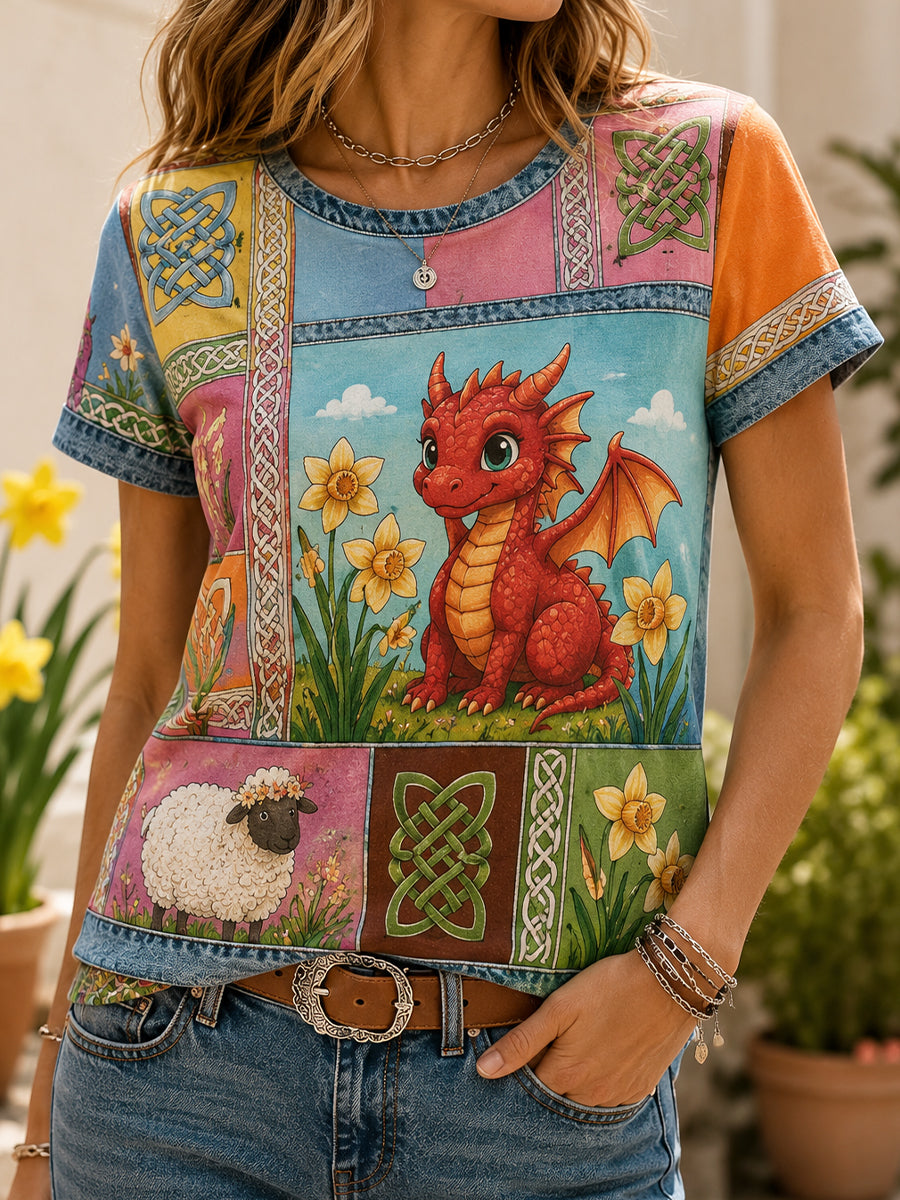 Women's Welsh Cultural Element Commemorative Art Print T-Shirt