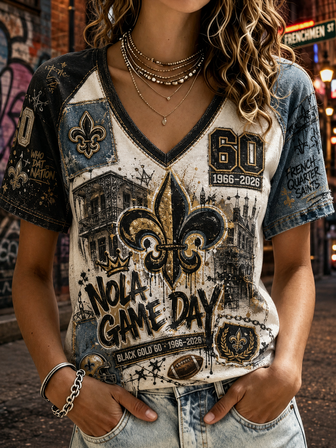 Women's New Orleans Saints V-Neck Off-Shoulder Short-Sleeved T-Shirt