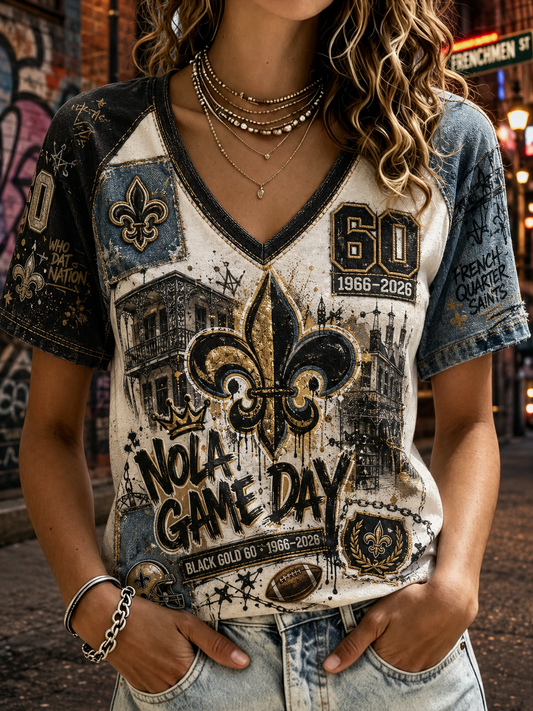 Women's New Orleans Saints V-Neck Off-Shoulder Short-Sleeved T-Shirt