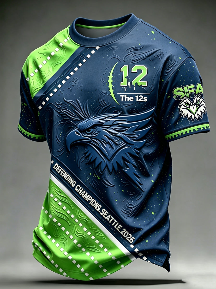 Men's Seattle Football Printed Vintage Fashion Loose Short Sleeve T-Shirt