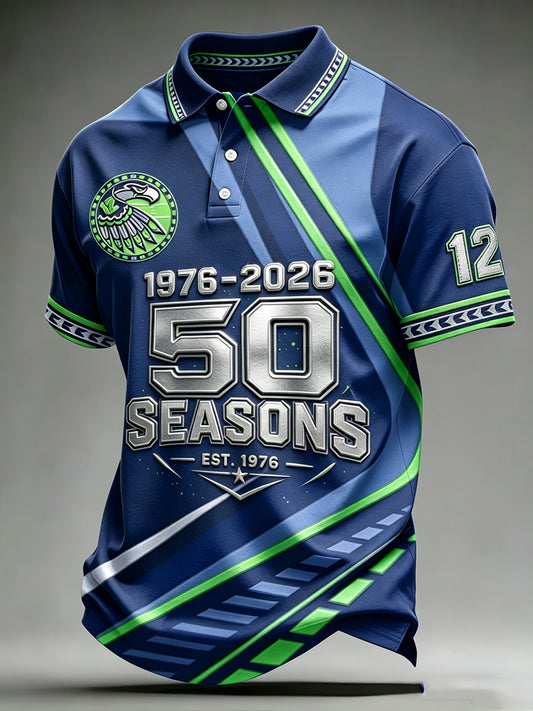 Men's Seattle Football Print Polo Collar Casual Short Sleeved Shirt