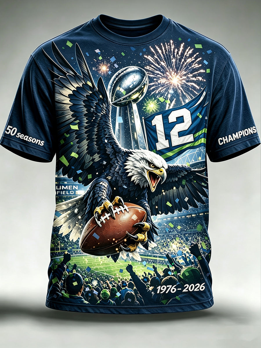 Men's Seattle Football Printed Vintage Fashion Loose Short Sleeve T-Shirt