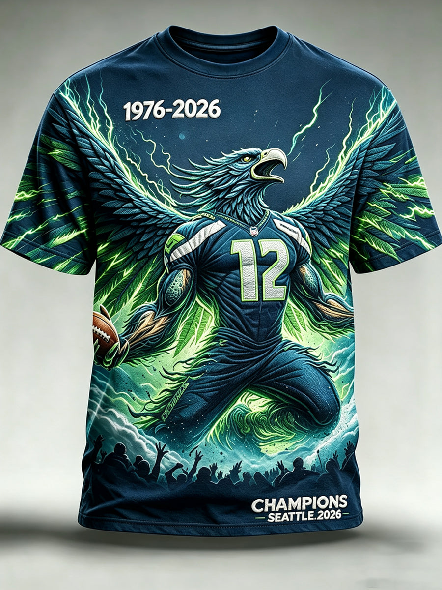 Men's Seattle Football Printed Vintage Fashion Loose Short Sleeve T-Shirt