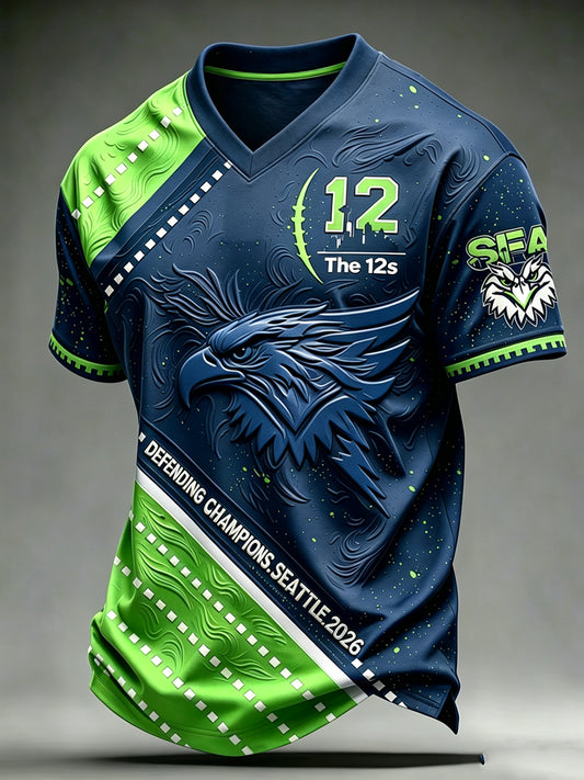 Men's Seattle Football Printed Vintage Fashion Loose Short Sleeve T-Shirt
