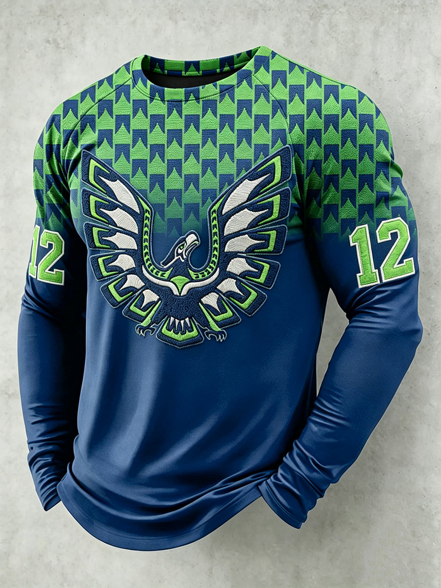 Men's Seattle Football Printed Long Sleeved Round Neck T-shirt