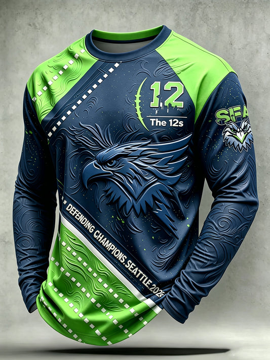 Men's Seattle Football Printed Long Sleeved Round Neck T-shirt