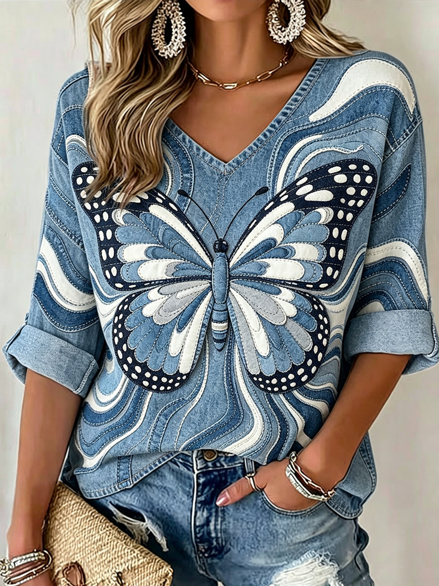 Women's Splice Animal Dog V-neck Mid-Sleeve printed Casual T-shirt