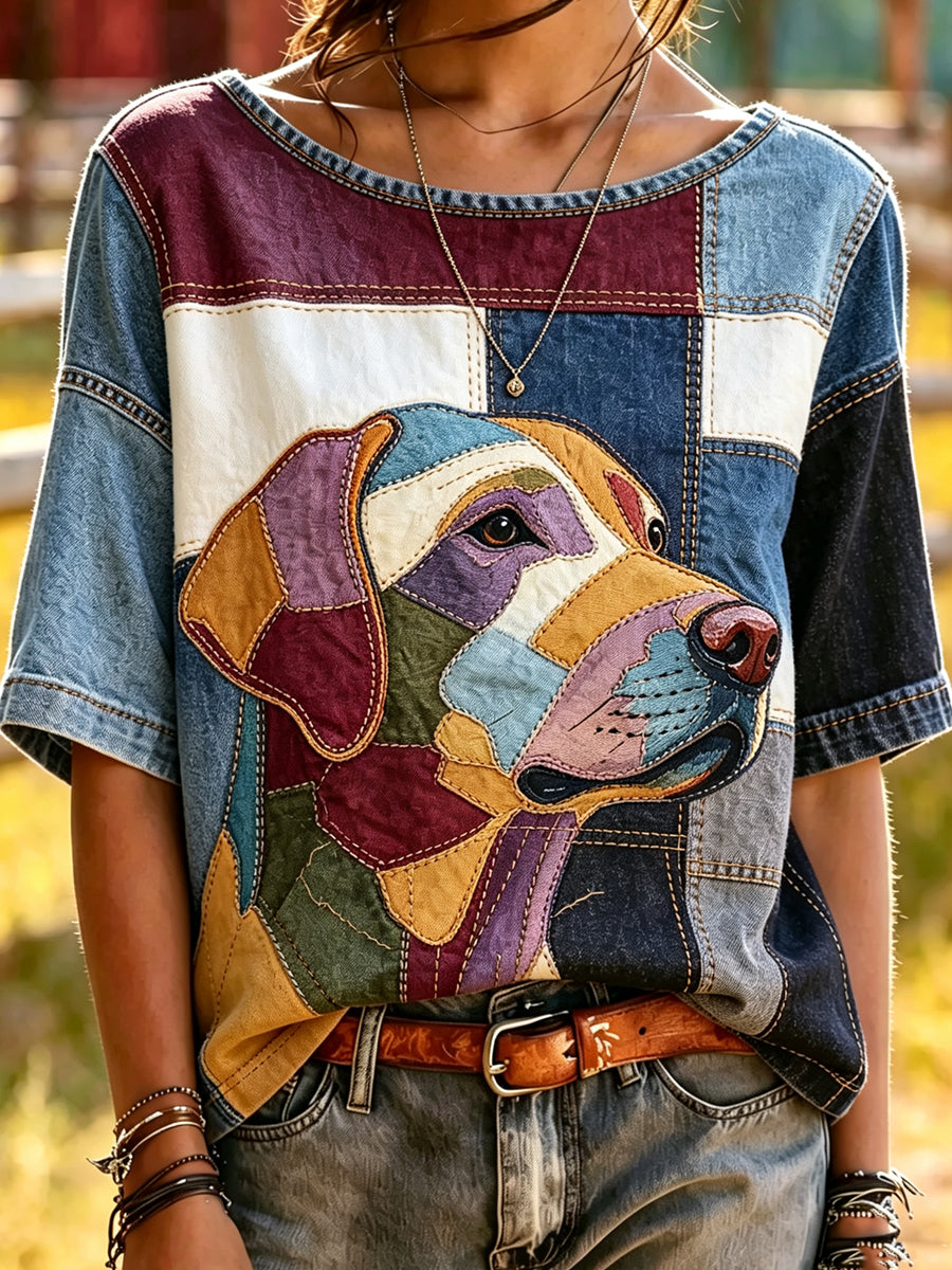 Women's Splice Animal Dog Printed Vintage Fashion Loose Short Sleeve T-Shirt