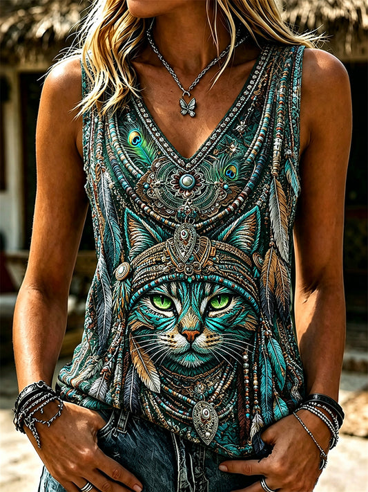 Women's Vintage Western Cat Ethnic Feathers Art Print V Neck Tank Top