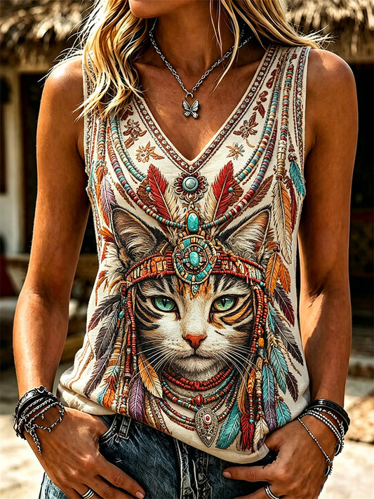 Women's Vintage Western Cat Ethnic Feathers Art Print V Neck Tank Top
