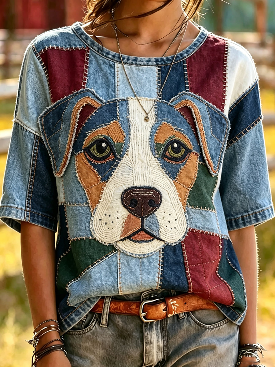 Women's Splice Animal Dog Printed Vintage Fashion Loose Short Sleeve T-Shirt