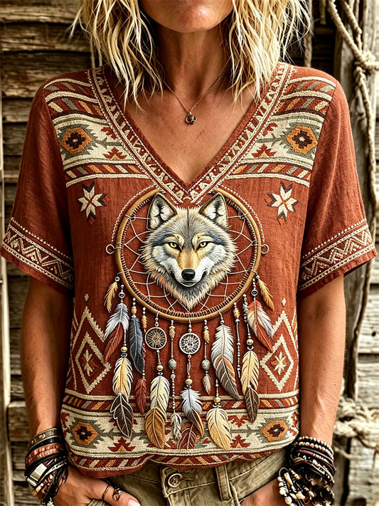 Women's Vintage Western Wolf Dreamcatcher Ethnic Aztec Print linen short-sleeved T-shirt