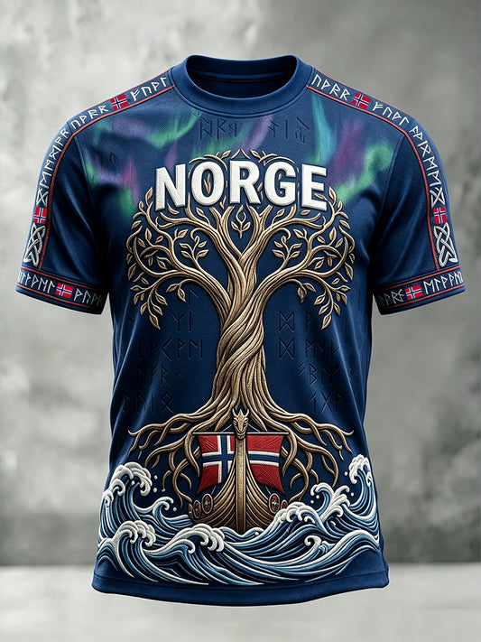 Men's Viking Tree Of Life Art Norway Flag Print Short Sleeves T-shirt