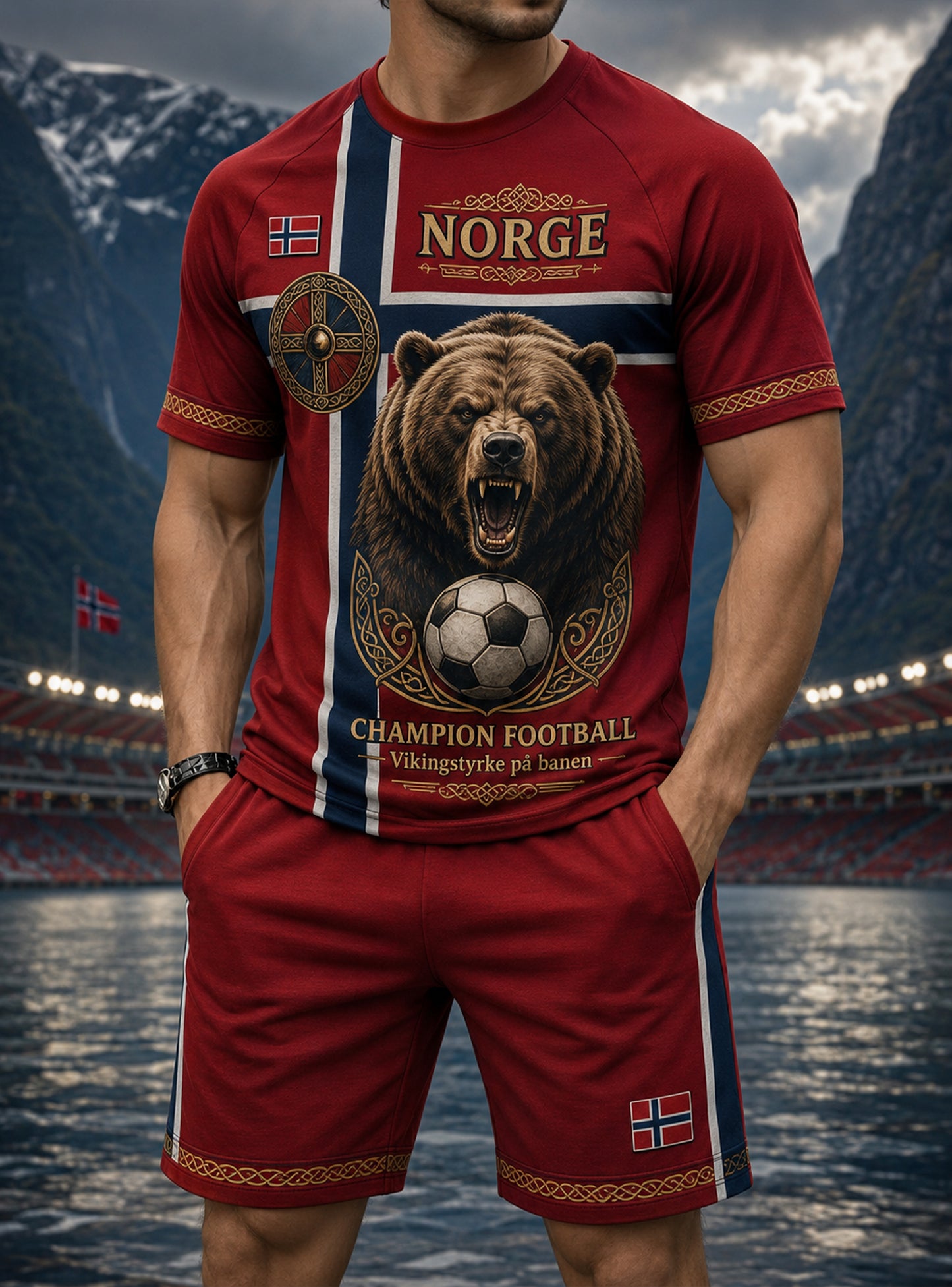 Men's Norwegian Viking-Themed Art Print T-Shirt Set