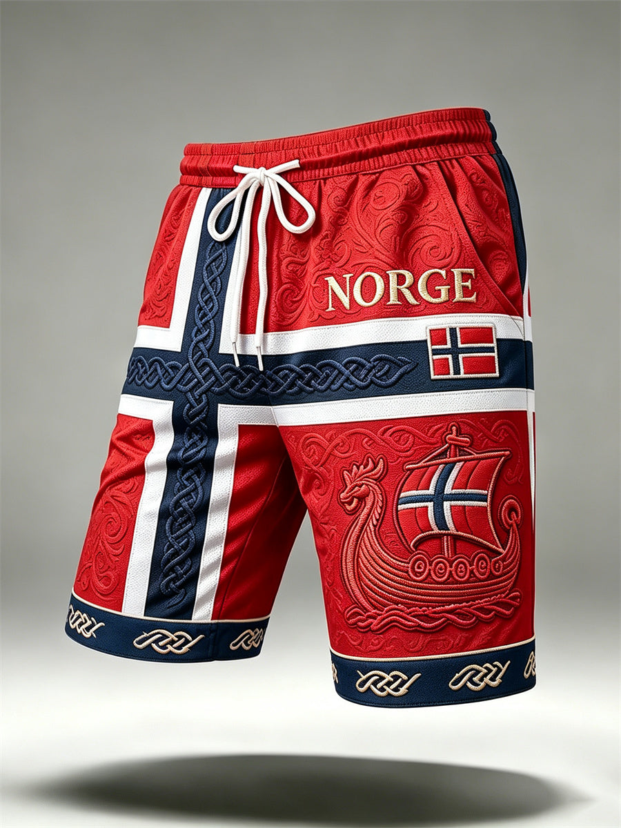 Men's Norway Viking Ship Celtic Knot Flag Print Drawstring Shorts