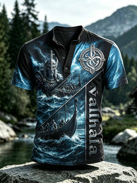 Men's Retro Viking Valhalla Pattern Print T-Shirt