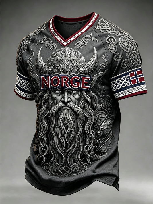 Men's Retro Norwegian Viking Pattern Printed V-neck T-shirt