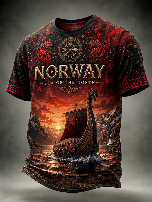 Vintage-Style Norwegian VikingScandinavianNordic Art Print Casual T-Shirt