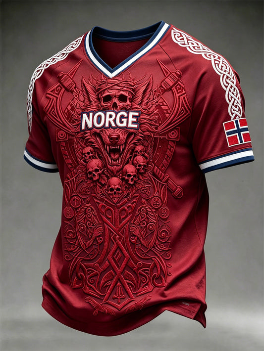 Men's Retro Norwegian Viking Pattern Printed V-neck T-shirt