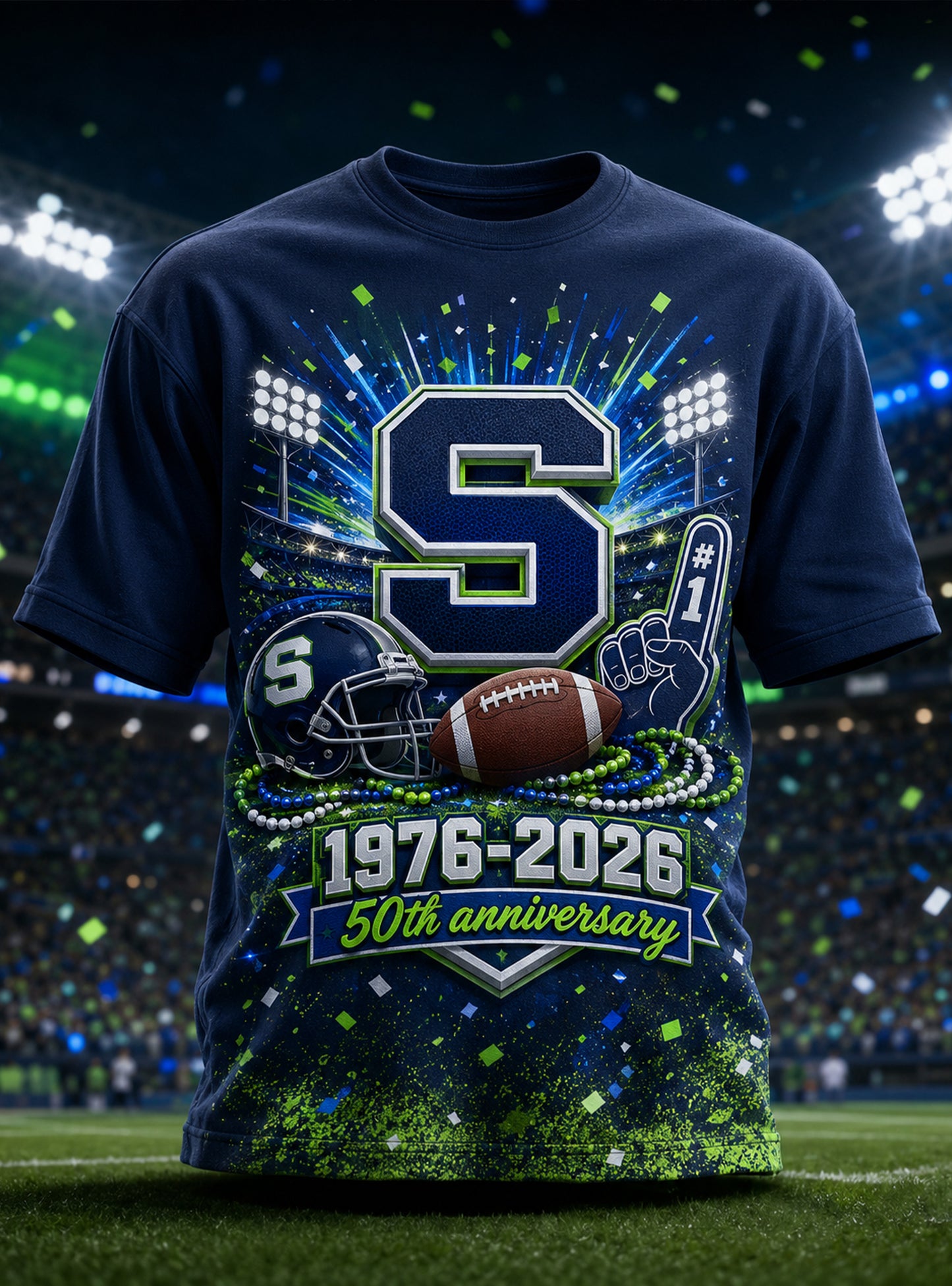 Men's Seattle Seahawks 50th Anniversary Commemorative Art Print T-Shirt