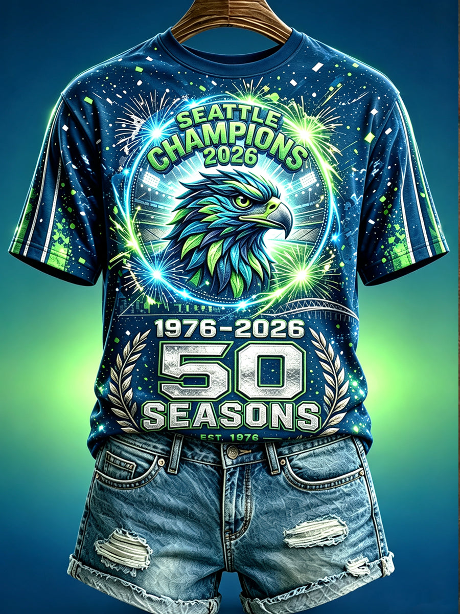 Women's Seattle Rugby Printed Vintage Fashion Loose Short Sleeve T-Shirt