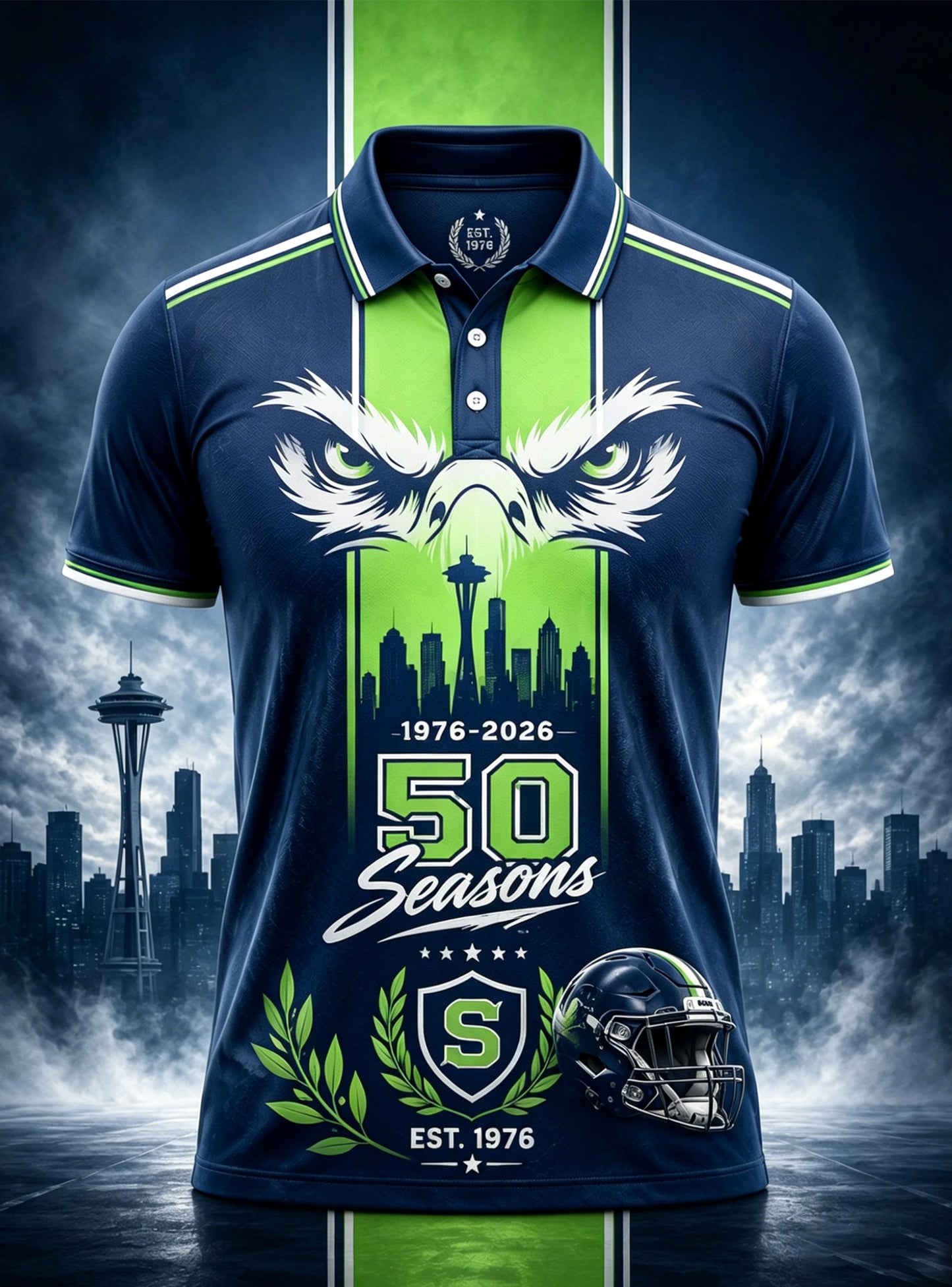 Men's Seattle Seahawks 50th Anniversary Commemorative Art Print Polo