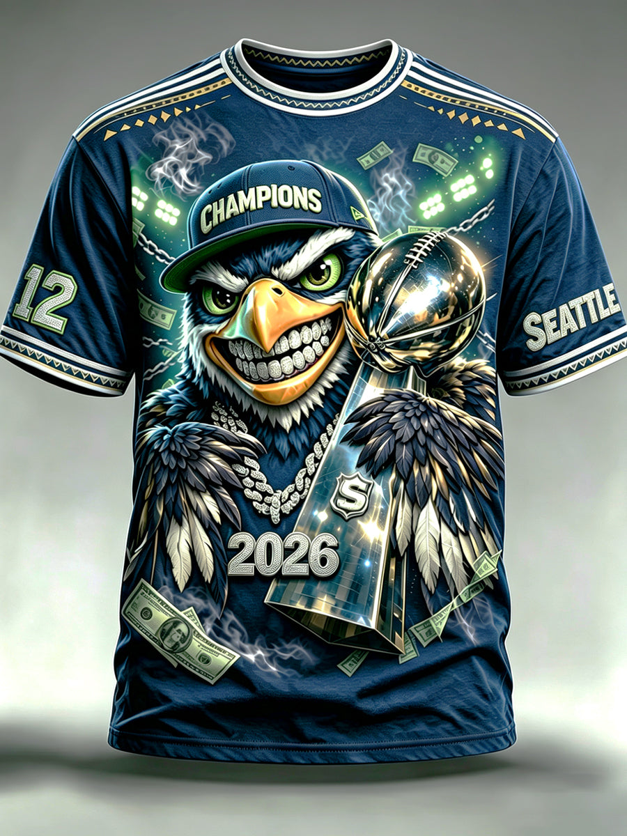 Men's Seattle Rugby Printed Vintage Fashion Loose Short Sleeve T-Shirt