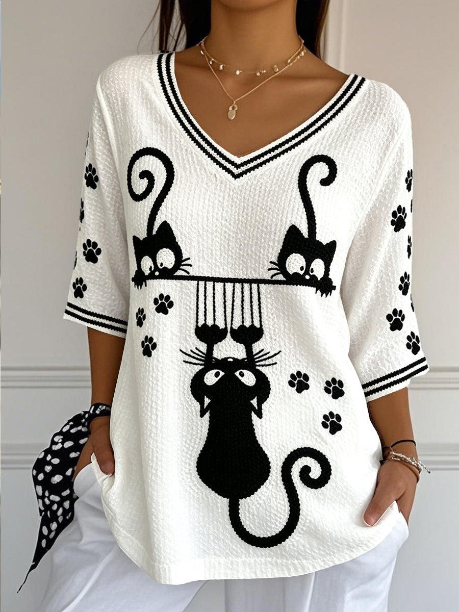 Women’s White Cat Cute Print Casual Cool Cotton-Linen V-neck T-shirt