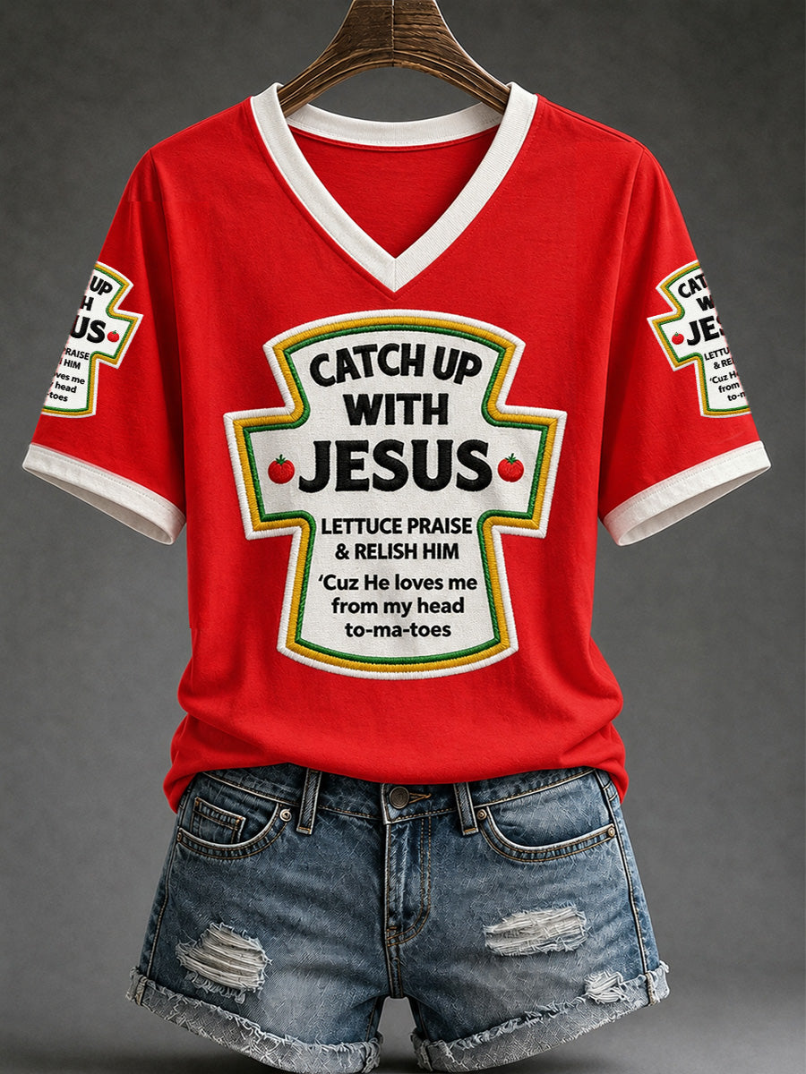 Women's Catch Up With Jesus Print Casual V-Neck Tee