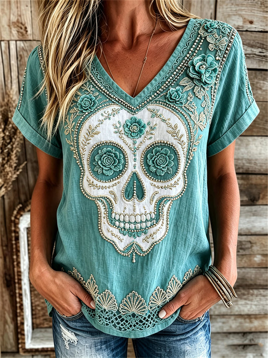 Women's Vintage Western Sugar Skull Turquoise Floral Print linen short-sleeved T-shirt