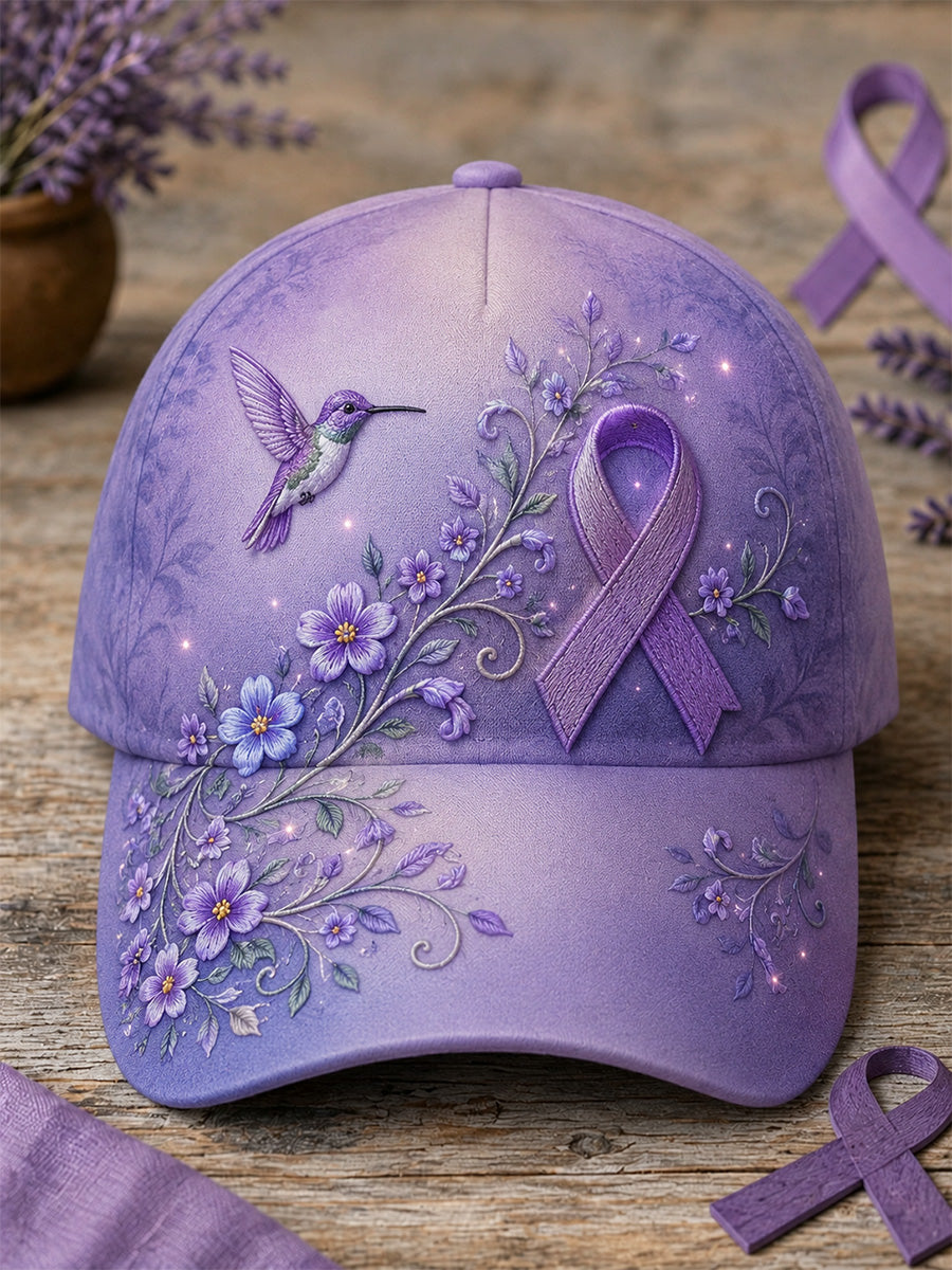 Unisex Purple Floral & Hummingbird Print Alzheimer's Awareness Support Hat