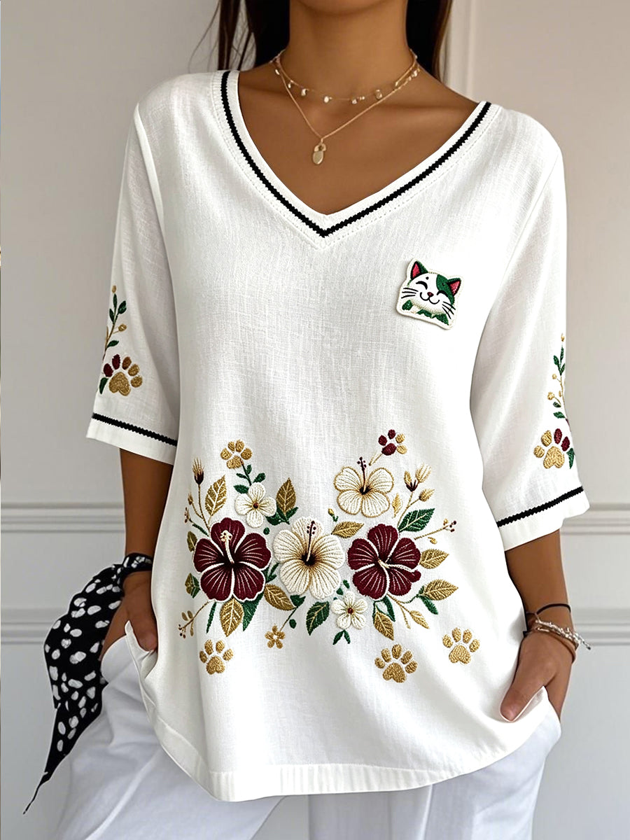 Women’s White Cat Floral Print Casual Cool Cotton-Linen V-neck T-shirt