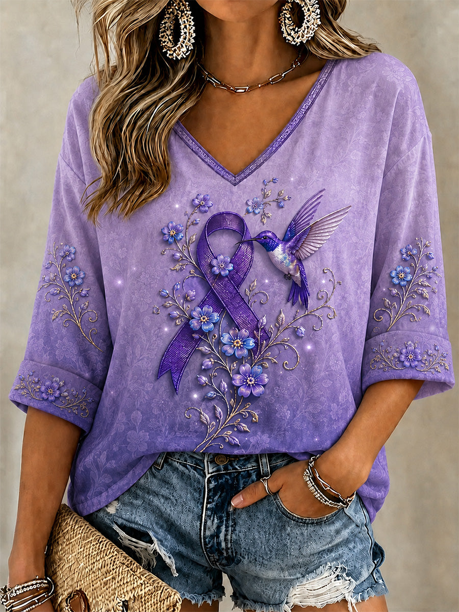Women's Purple Floral & Hummingbird Print Alzheimer's Awareness Support V-Neck Tee