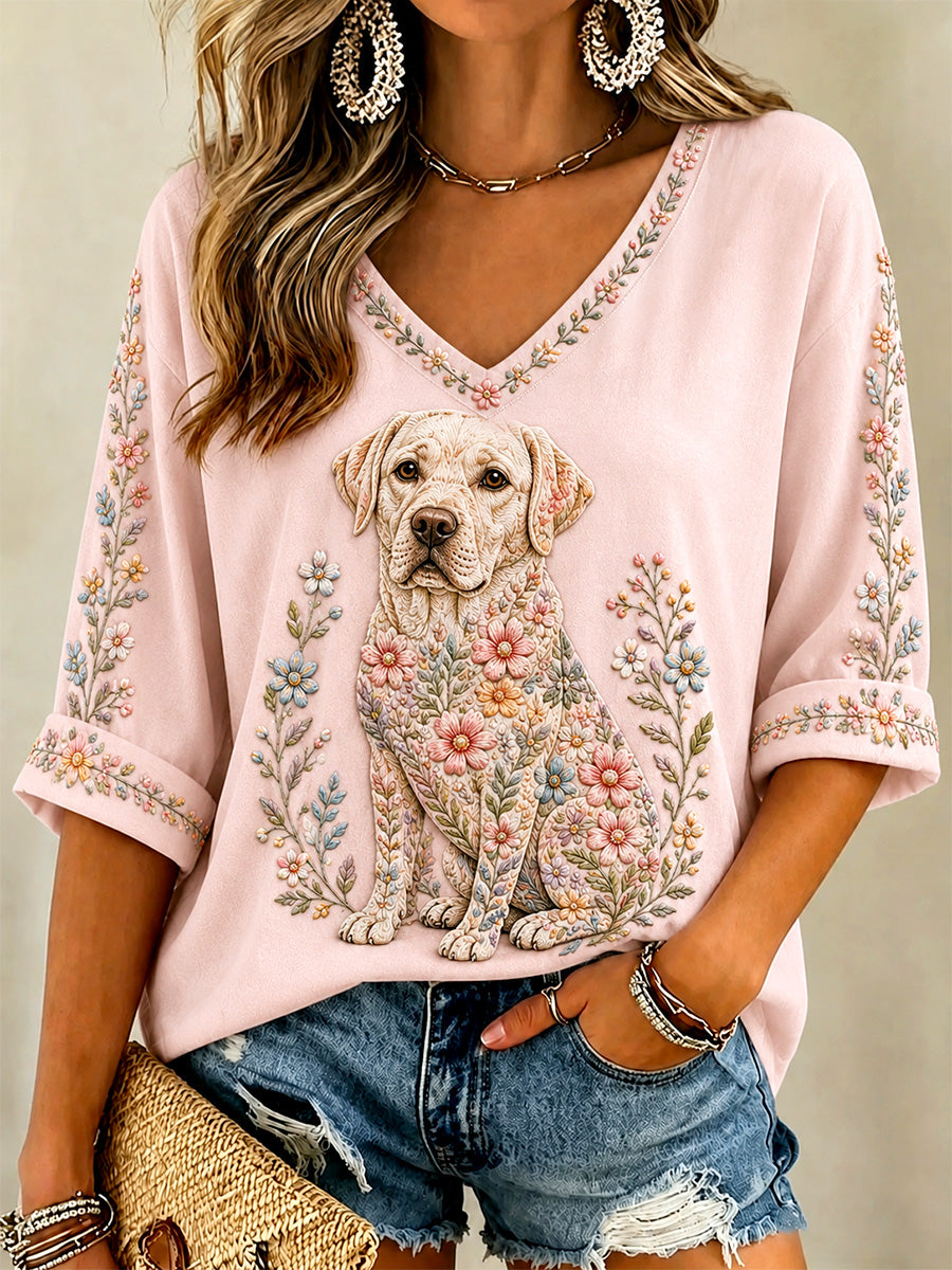 Women's Floral Dog Print Casual V-Neck Tee
