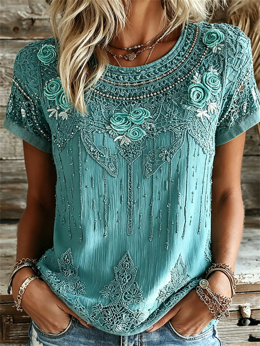 Women's Vintage Western Turquoise Floral Print linen short-sleeved T-shirt