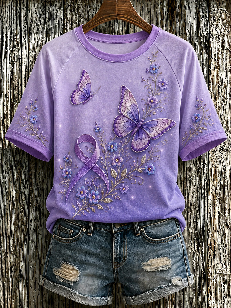 Women's Purple Floral & Butterfly Print Alzheimer's Awareness Support Tee