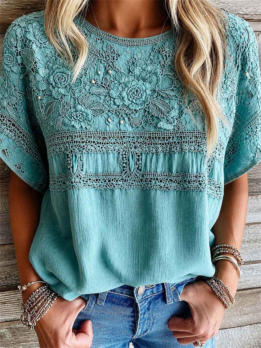 Women's Vintage Western Turquoise Floral Print linen short-sleeved T-shirt