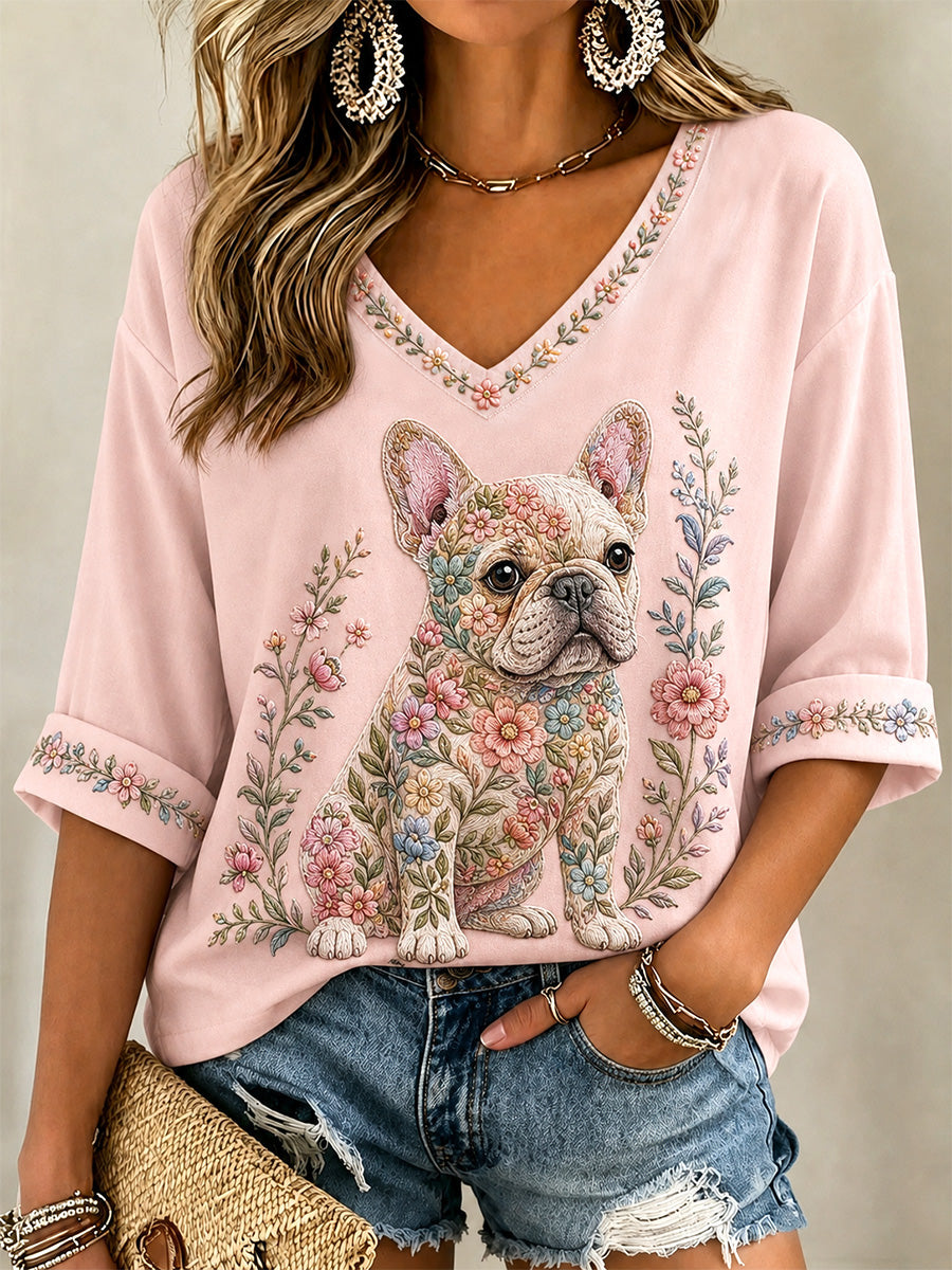 Women's Floral Dog Print Casual V-Neck Tee