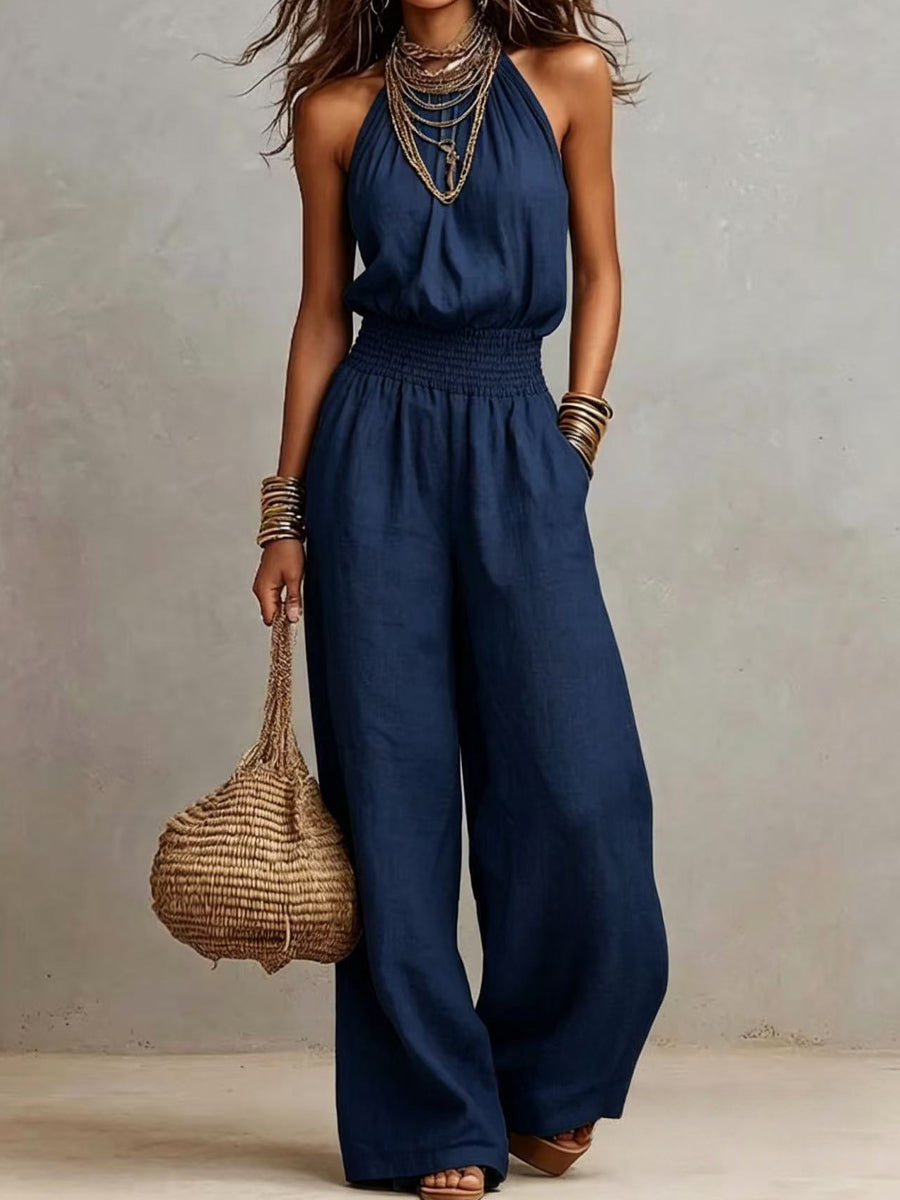 Summer Holiday Casual Round Neck Sleeveless Straight Fit Jumpsuit