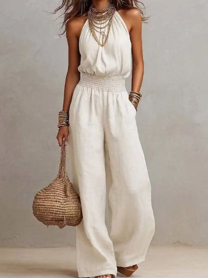 Summer Holiday Casual Round Neck Sleeveless Straight Fit Jumpsuit